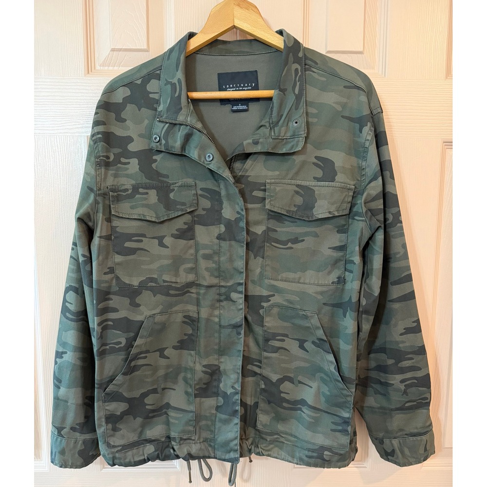 Sanctuary Green Camo Utility Military Field Jacket Drawstring Hem Zip Snap Small